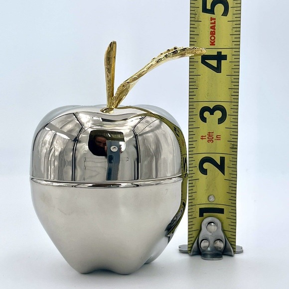 Silver Trinket Box Apple Shaped w Gold Brass Toned Metal Handle Home Decor - Picture 6 of 6